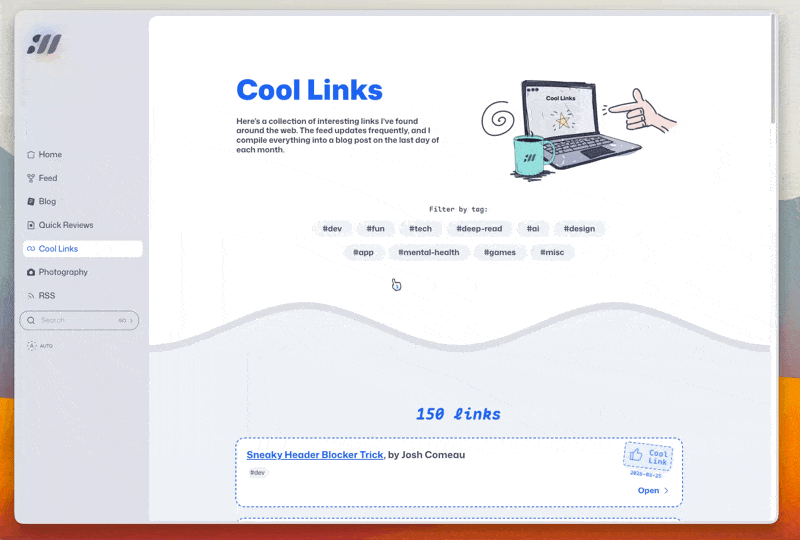 Screen recording showing how you can break my website into two-panes, opening a list of cool links on the left with all the links opening on a tab pane to the right.