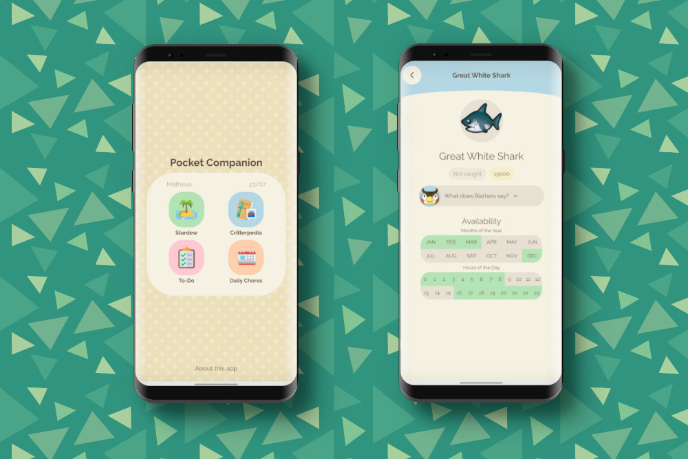 Two screenshots of the Pocket Companion app, side by side. One displays all menu options, and the other shows a page for a great white shark.