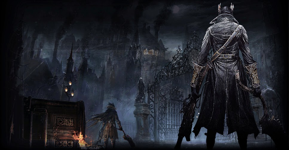 Official artwork of Bloodborne. To the right, a person wearing black Victorian-era clothes, a gun and a meat cleaver is seen from the back. In the background, a dark, gothic city by night.