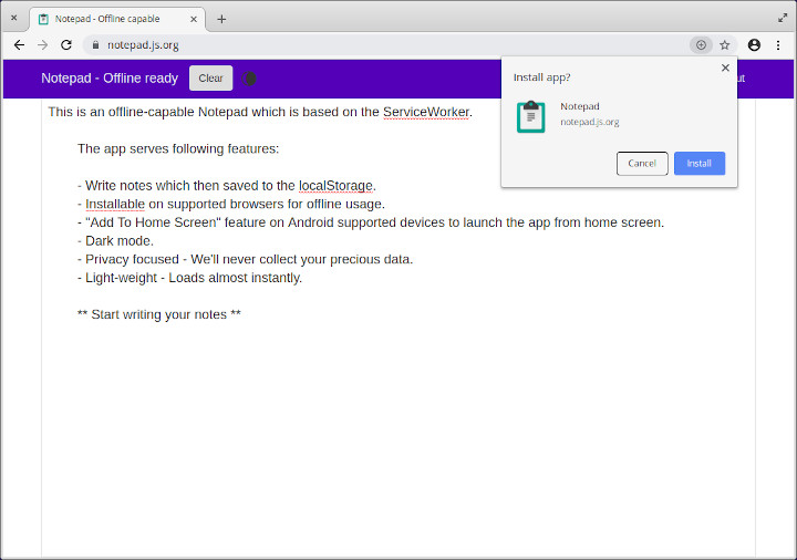 Screenshot of a browser window, showing an "Install app?" prompt on the navigation bar.