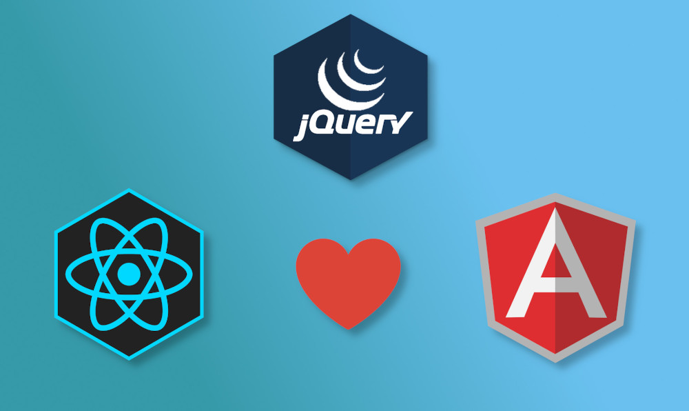 Logos of jQuery, React and Angular with a heart in the middle