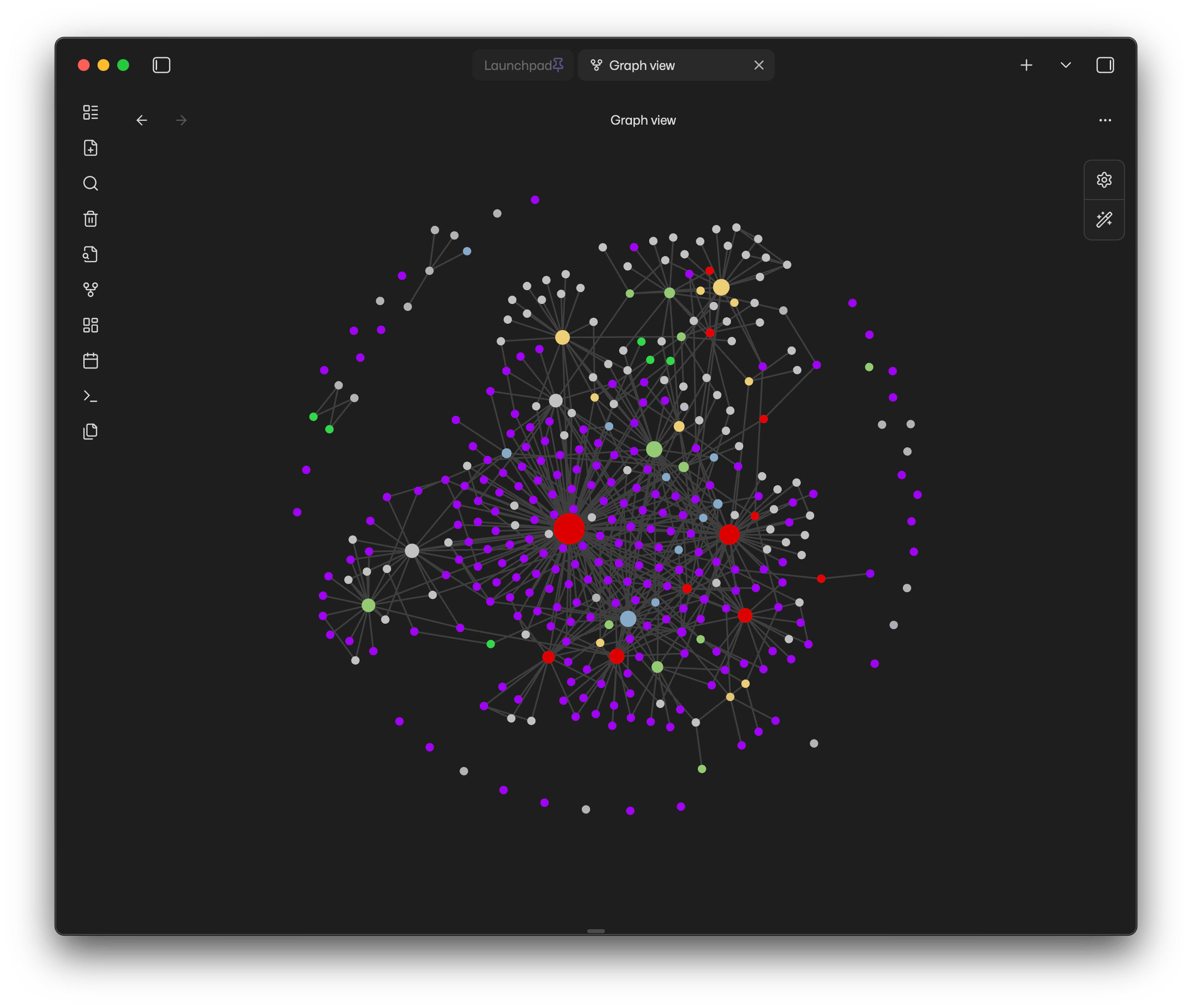 Screenshot of Obsidian showing a network of linked notes