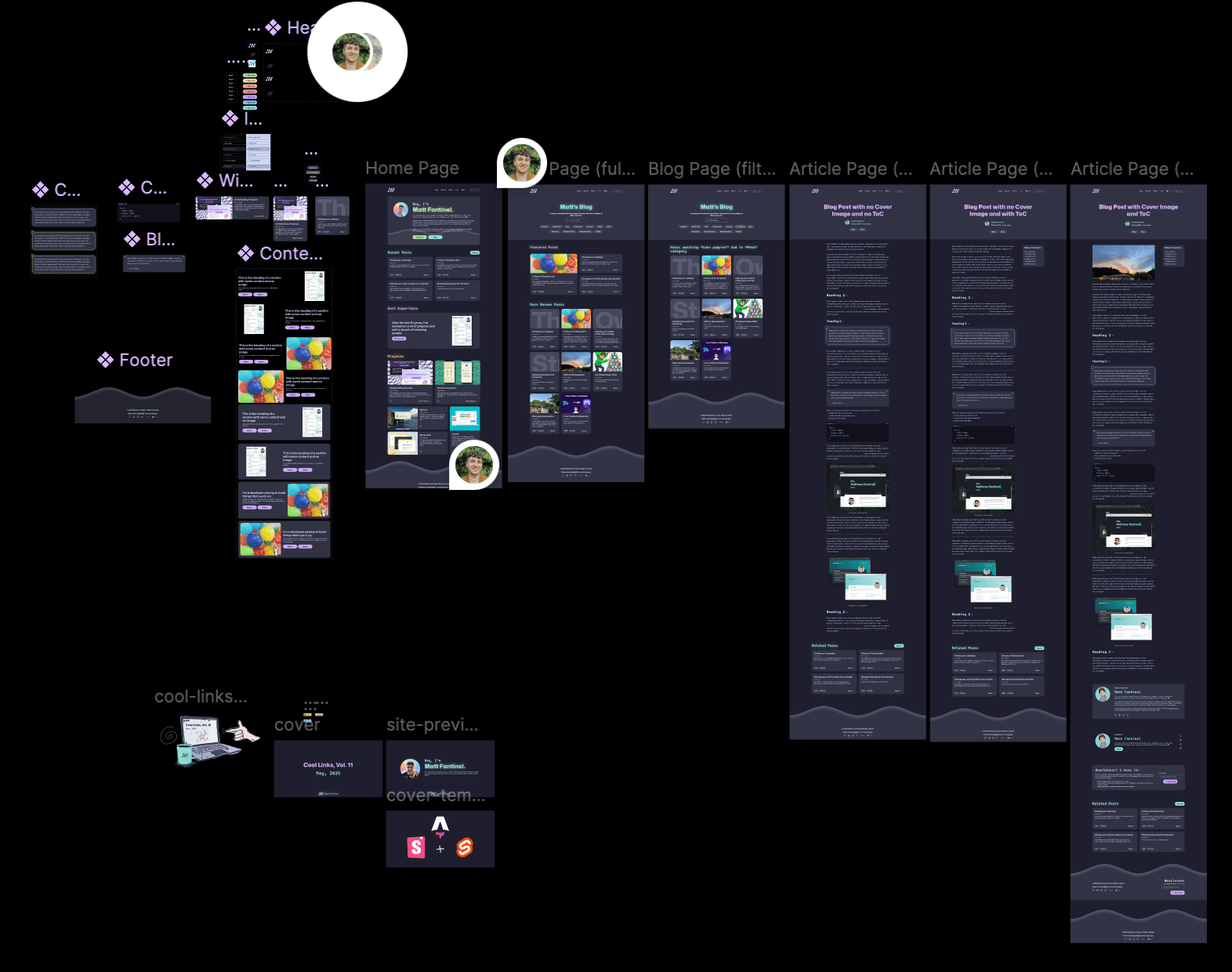 Screenshot of the Figma artboard showing a bunch of designs of the current site. They have the dark color palette I use now